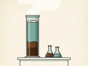 Cylindrical glass settling column with activated sludge separating into brown sediment and clear water layers on a laboratory bench.