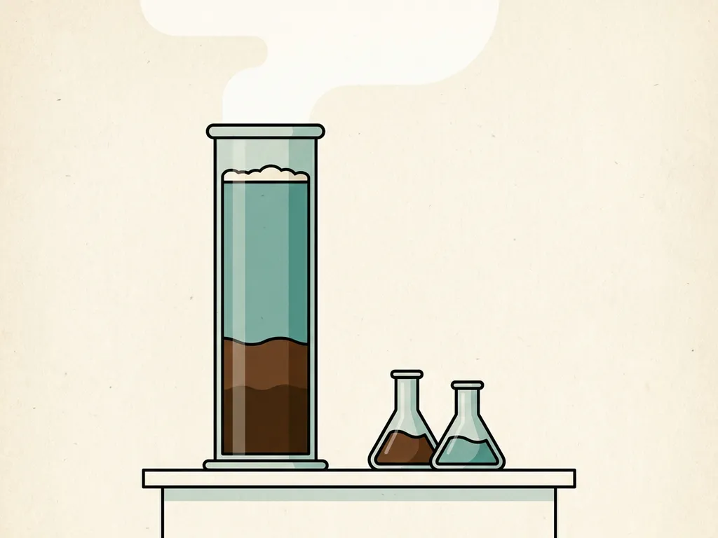 Cylindrical glass settling column with activated sludge separating into brown sediment and clear water layers on a laboratory bench.