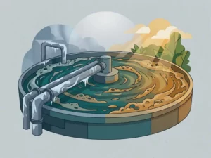 Activated sludge tank with microbial foam, frost-covered pipes beside sun-warmed industrial wastewater facility in teal and amber tones.