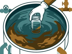Gloved hand lowering a glass sampling jar into a murky aeration tank with brown sludge visible through cloudy water, overhead view.