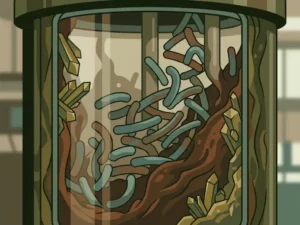 Rod-shaped bacteria clustered in murky brown sludge inside a glass bioreactor, with nutrient crystal deposits on the inner walls.