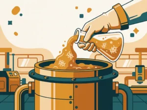 Gloved hand pouring cloudy bacterial culture from a glass flask into an industrial bioreactor tank with rising bubble clusters.