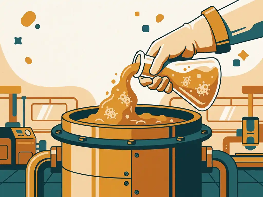 Gloved hand pouring cloudy bacterial culture from a glass flask into an industrial bioreactor tank with rising bubble clusters.