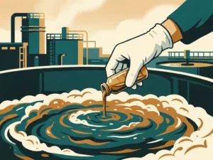 Gloved hand adding amber bioculture vial to an activated sludge tank with microbial foam at a wastewater treatment facility.