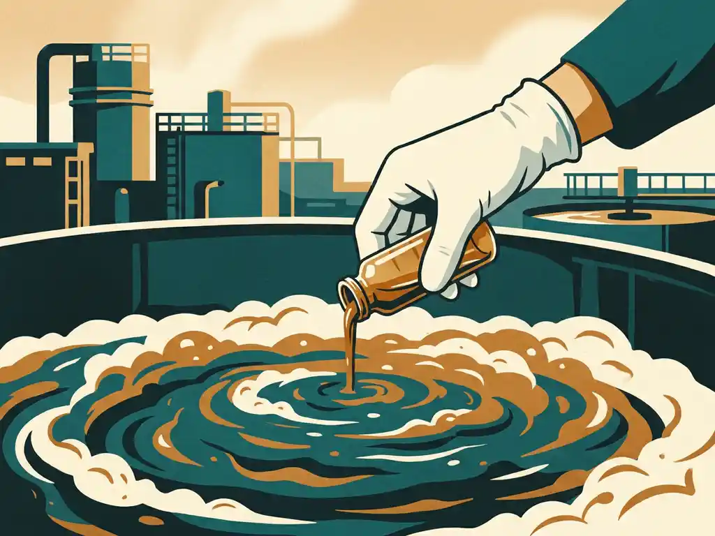 Gloved hand adding amber bioculture vial to an activated sludge tank with microbial foam at a wastewater treatment facility.