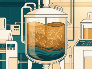 Biological reactor vessel with layered sludge and branching microbial filaments suspended in amber liquid inside a biotech lab.