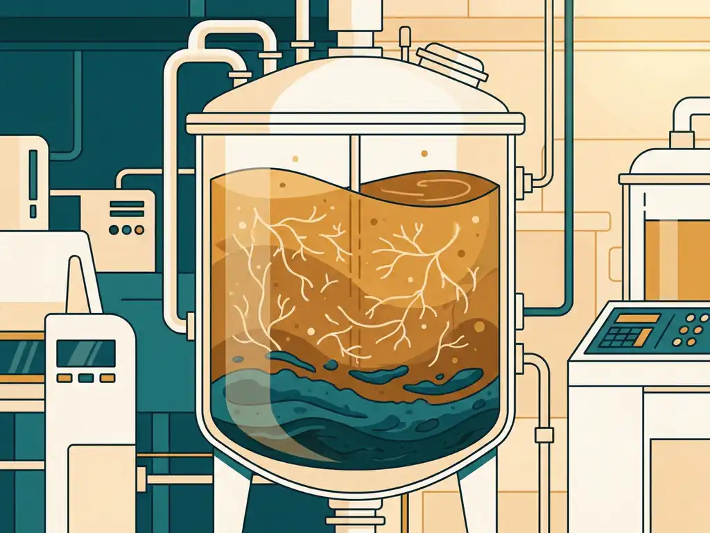 Biological reactor vessel with layered sludge and branching microbial filaments suspended in amber liquid inside a biotech lab.