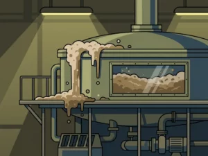 Foamy overflow spilling from an overloaded biological reactor tank in a wastewater treatment facility, thick brown sludge visible through glass panel.