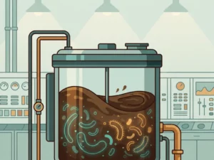 Dark biological sludge processing through a cylindrical industrial bioreactor, with swirling microbial textures in earthy brown and teal tones.