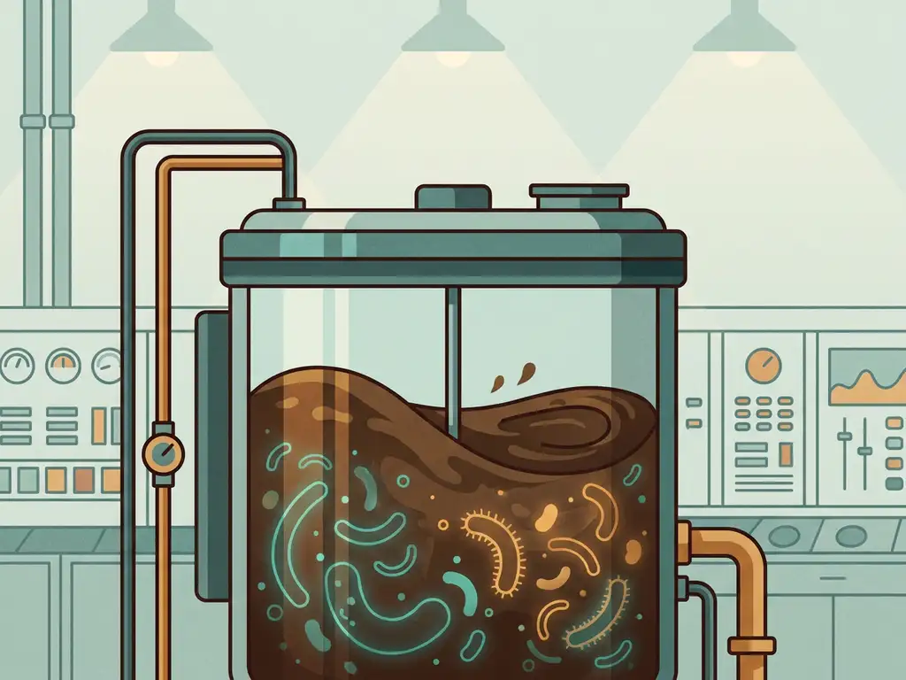 Dark biological sludge processing through a cylindrical industrial bioreactor, with swirling microbial textures in earthy brown and teal tones.