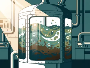 Industrial bioreactor tank processing dark biological sludge with swirling microbial activity in a wastewater treatment facility.