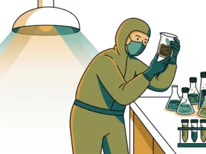 Technician in protective gear examining dark biomass sample in beaker, with microbial culture flasks and centrifuge tubes on lab bench.