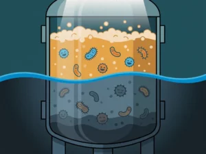 Cross-section of an industrial bioreactor showing foamy aerobic upper layer with microbes contrasting dense anaerobic sediment below, teal and amber tones.