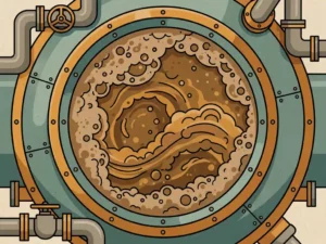Frothy brown foam churning inside a cylindrical bioreactor tank, surrounded by industrial pipes and metal fittings, flat vector illustration style.