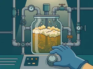 Gloved technician adjusting a dial on a turbulent amber-green bioreactor with microbial foam and tangled pipe fittings, flat vector illustration.
