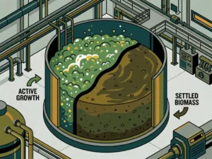 Industrial bioreactor tank split between lush green microbial foam and dark settling sediment, viewed from overhead in a clean facility.