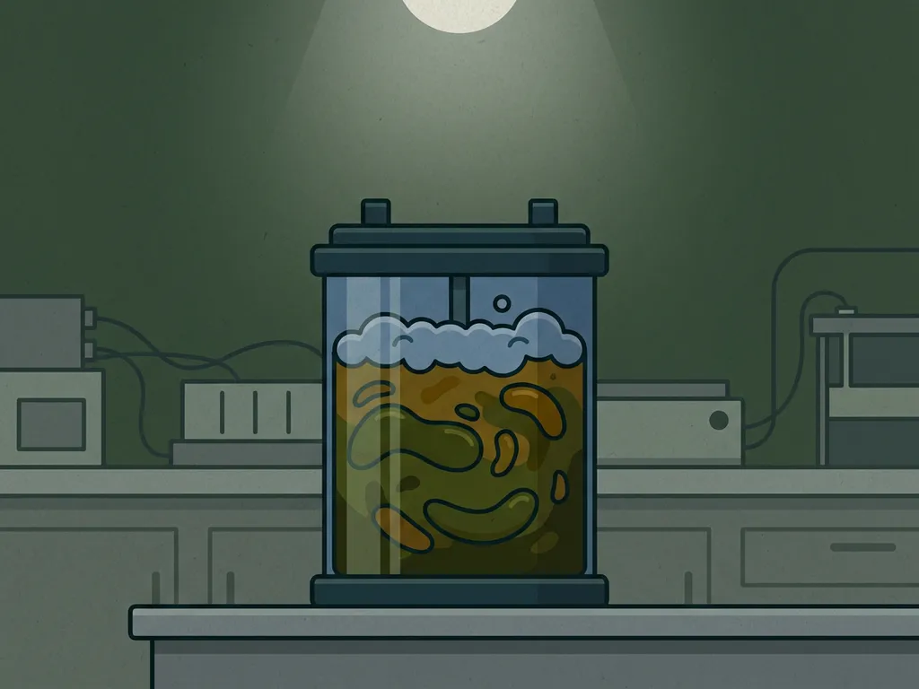 Flat vector illustration of dark sludge blooming inside a glass bioreactor with microbial foam at the surface, olive and amber tones.