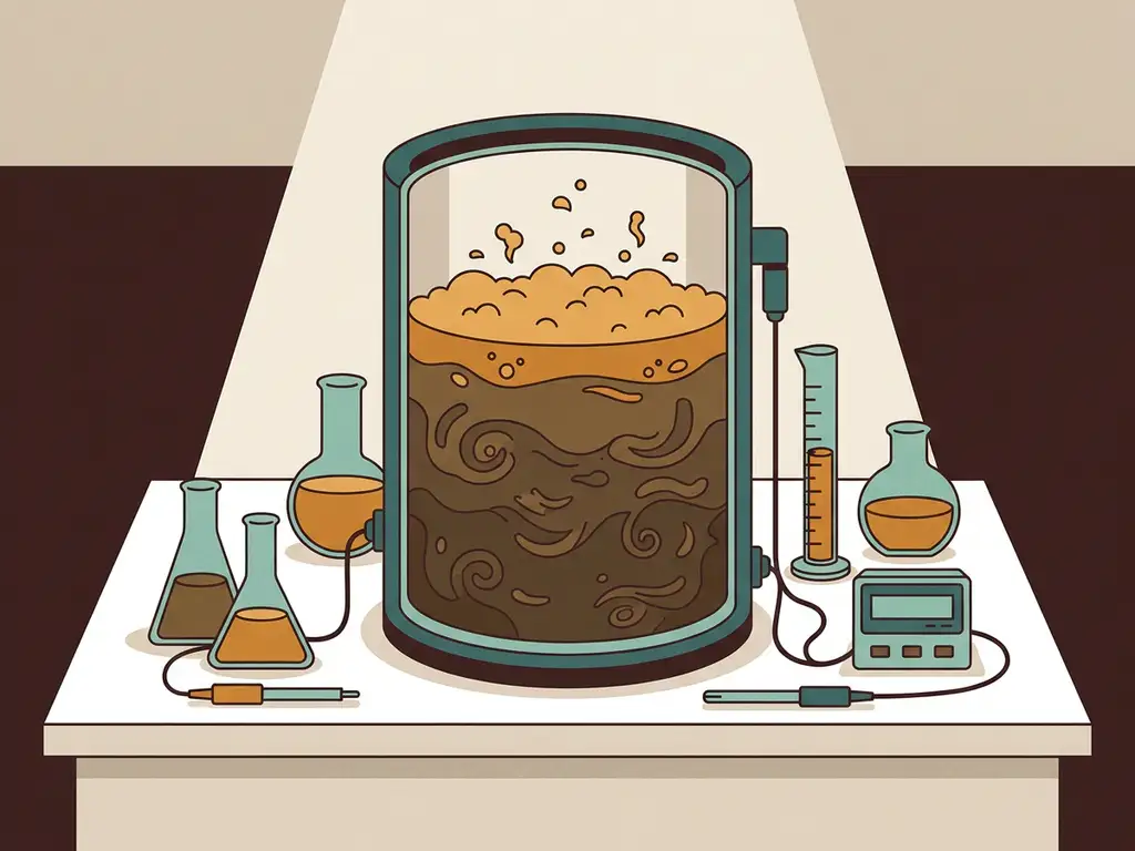 Bioreactor vessel filled with layered brown sludge and microbial foam, surrounded by laboratory glassware on a white bench.