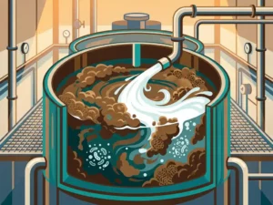 Bioreactor tank with microbial sludge swirling alongside clean liquid injection inside an industrial wastewater treatment facility.