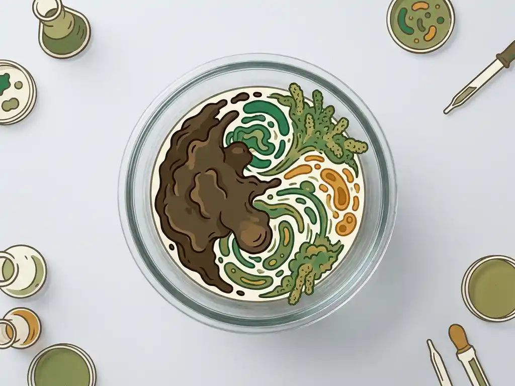 Dark sludge transforming into thriving green microbial colonies inside a laboratory bioreactor, flat lay view with earthy brown to vibrant moss green tones.