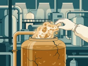 Gloved hand introducing luminous microorganism clusters into a cracked industrial bioreactor tank inside a teal and amber flat vector treatment facility.