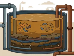 Flat vector illustration of a murky bioreactor tank with layered sludge, bacterial clusters, and industrial aeration tubes in ochre and slate blue tones.