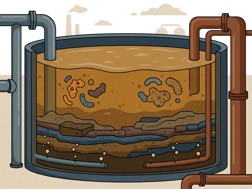 Flat vector illustration of a murky bioreactor tank with layered sludge, bacterial clusters, and industrial aeration tubes in ochre and slate blue tones.
