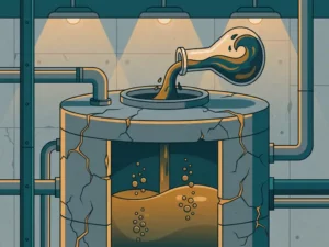Cracked bioreactor tank being replenished with dark living sludge from a laboratory flask inside an industrial wastewater treatment facility.