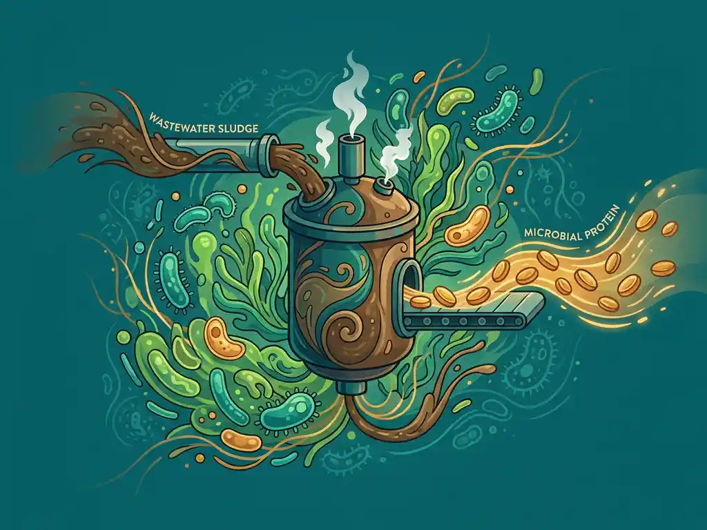 Bioreactor vessel converting wastewater sludge into golden microbial protein pellets, surrounded by swirling microorganism shapes in teal and amber tones.