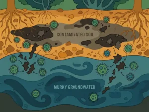 Cross-section of contaminated soil and groundwater with microbial colonies breaking down pollutants through bioremediation, amber earth tones and teal water layers.