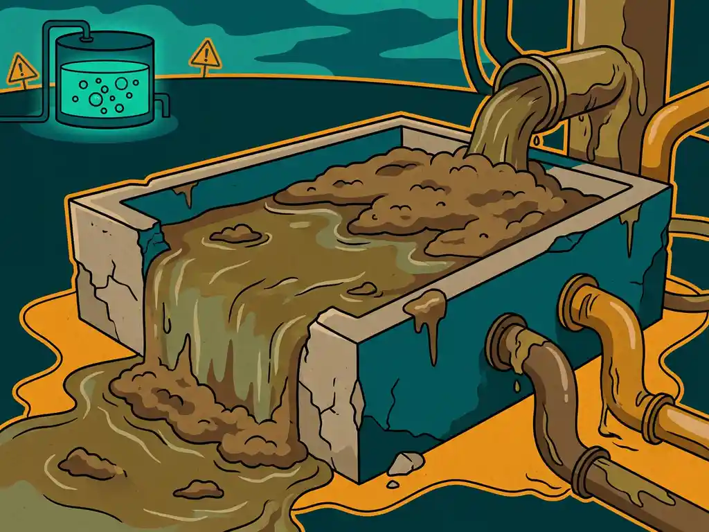Industrial wastewater basin overwhelmed with dark sludge buildup, strained pipes, and murky brown-green overflow, with a healthy bioreactor tank in the background.