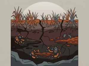 Cross-section of contaminated industrial soil showing dark earth layers with microorganisms breaking down oil residue and heavy metal deposits beneath dry grass roots.