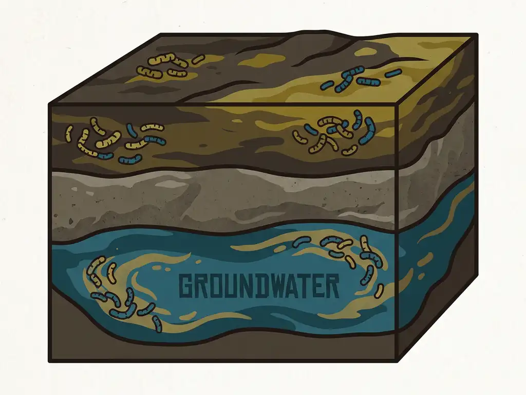 Cross-section of contaminated soil layers with dark polluted earth above murky discolored groundwater and visible bacterial clusters below.