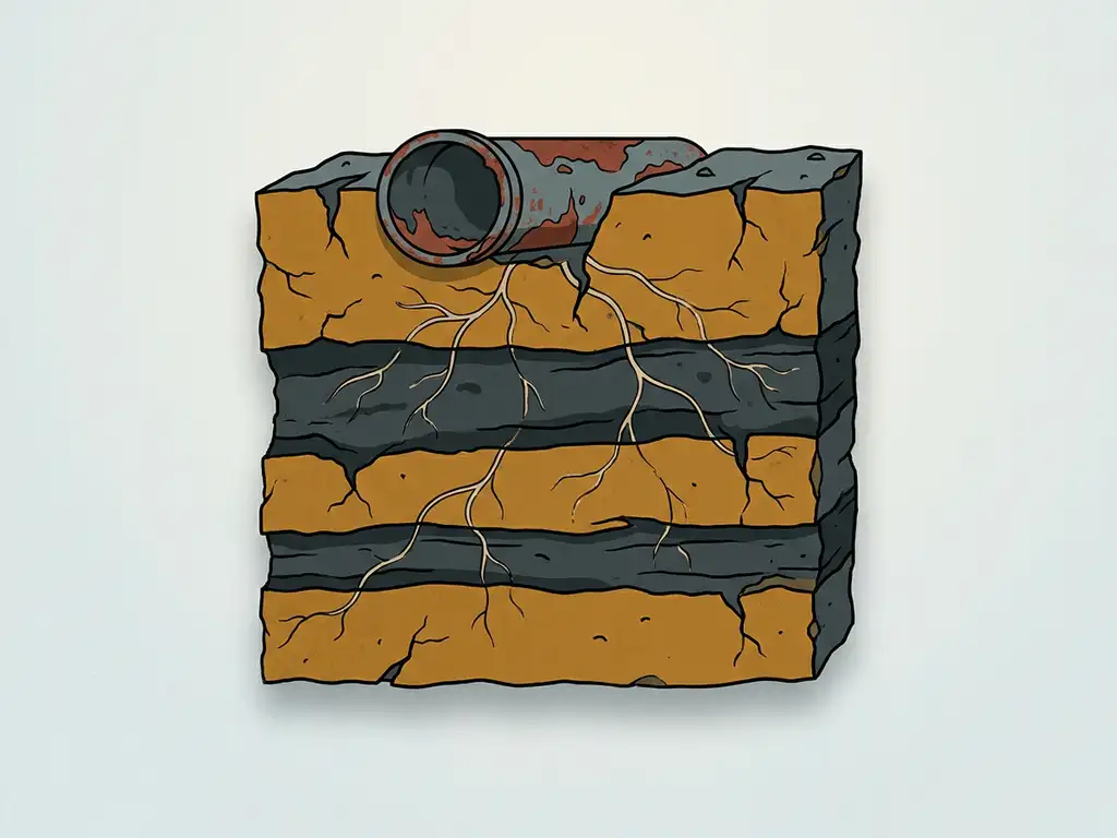 Cracked industrial soil cross-section with dark contaminated earth layers, microbial root-like structures, and a rusted buried pipe overhead.