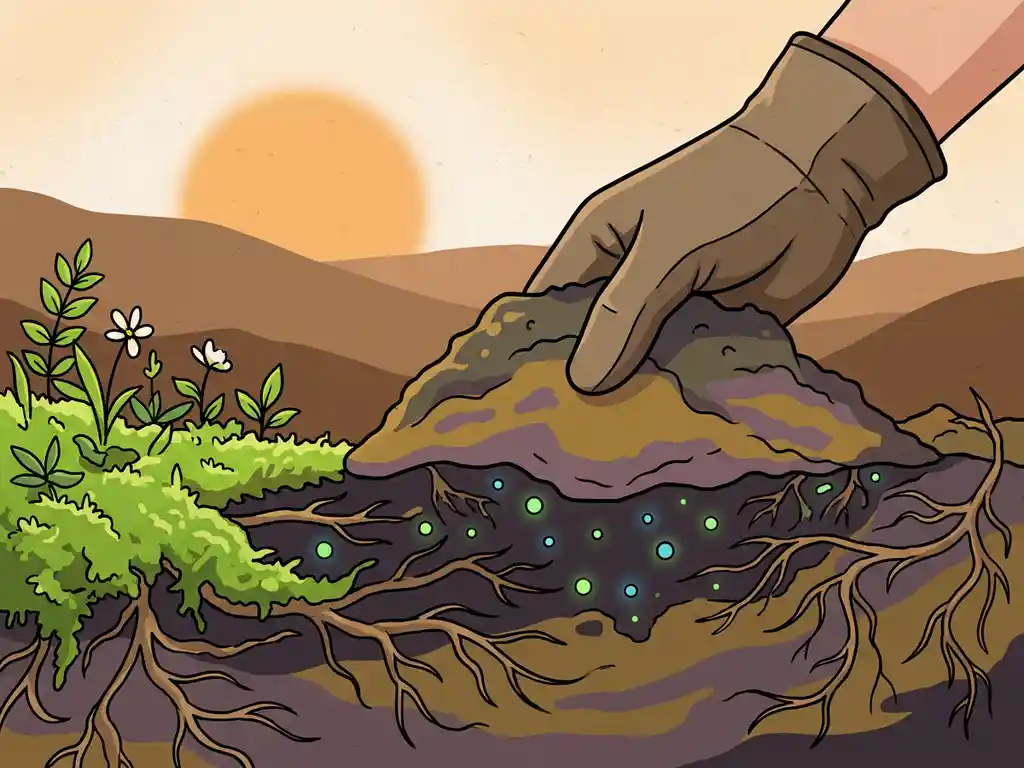 Gloved hand lifting contaminated soil revealing discolored layers, glowing microbial clusters, withered roots, and healthy green vegetation nearby.