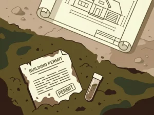 Weathered building permit half-buried in dark contaminated soil beside a soil core sample tube, with a clean architectural blueprint on dry ground above.
