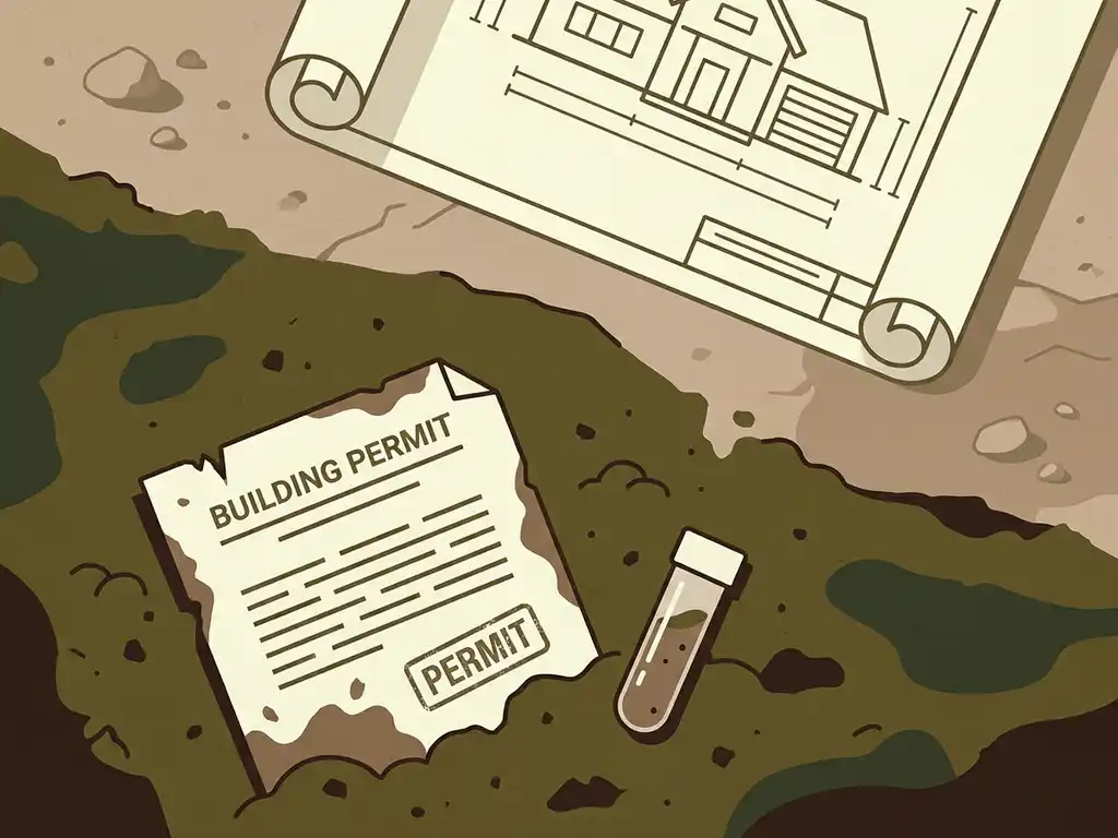 Weathered building permit half-buried in dark contaminated soil beside a soil core sample tube, with a clean architectural blueprint on dry ground above.