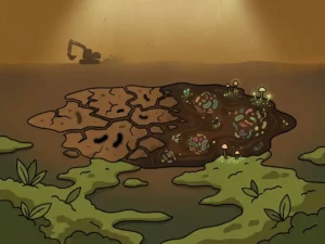 Contaminated cracked soil transforming into rich dark earth with microorganism clusters, excavator in background, lush moss in foreground.