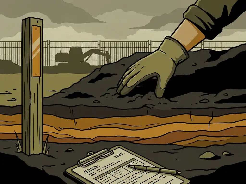 Gloved hand pressing into dark contaminated soil at a construction site boundary, layered sediment exposed, clipboard with site documents nearby.