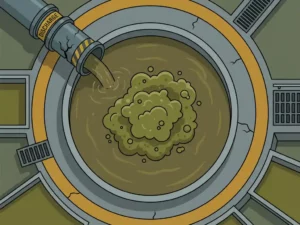 Cracked industrial discharge pipe leaking murky water into a monitoring basin with green microbial foam, signaling wastewater biological imbalance.