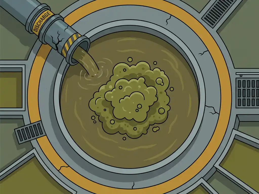 Cracked industrial discharge pipe leaking murky water into a monitoring basin with green microbial foam, signaling wastewater biological imbalance.