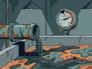 Cracked industrial pipe leaking dark water into a concrete basin with disrupted biofilm on walls and a frozen monitoring gauge.
