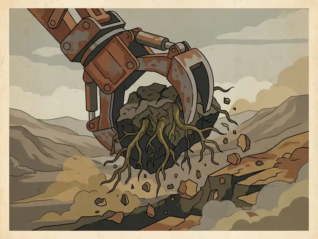 Rusted excavator claw uprooting tangled roots from cracked dry earth, low-angle view emphasizing soil disruption across a degraded landscape.