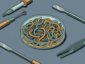 Filamentous bacteria overgrowing an activated sludge sample in a petri dish, surrounded by lab tools on a gray bench.