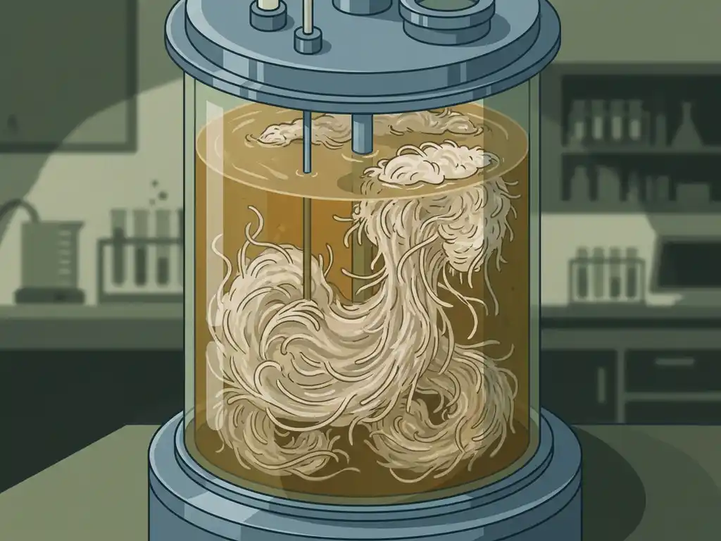 Filamentous bacteria forming dense stringy clumps at the surface of a cylindrical bioreactor, indicating bulking disruption in wastewater treatment.