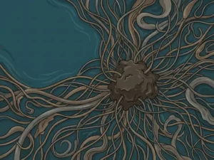 Filamentous bacteria extending from a sludge mass in a wastewater treatment basin, preventing proper settling, vector illustration.