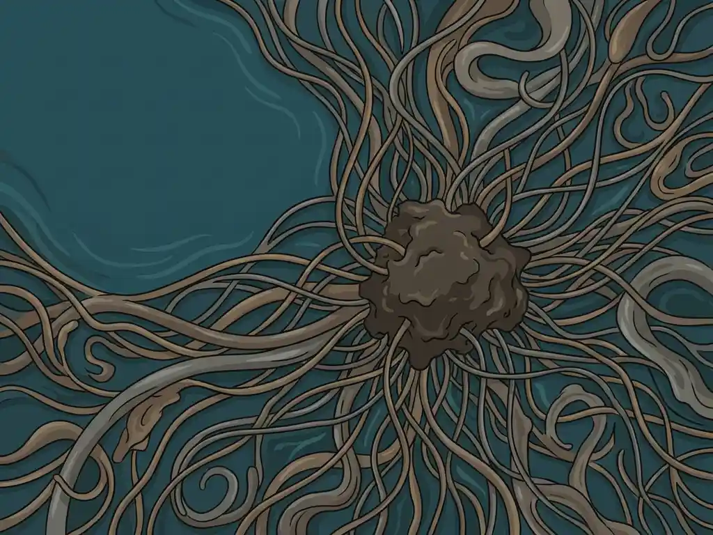 Filamentous bacteria extending from a sludge mass in a wastewater treatment basin, preventing proper settling, vector illustration.