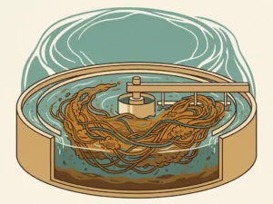 Filamentous bacteria overcrowding a circular wastewater clarifier, thread-like microbial strands tangling through teal water above amber-brown sludge clusters.