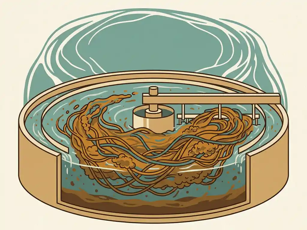 Filamentous bacteria overcrowding a circular wastewater clarifier, thread-like microbial strands tangling through teal water above amber-brown sludge clusters.