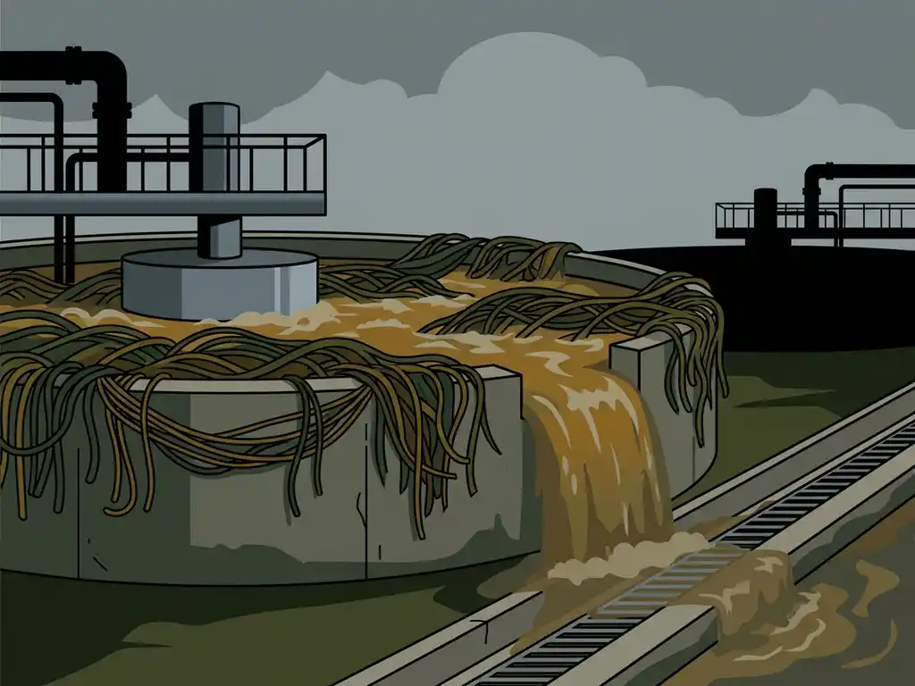 Filamentous bacteria overwhelming a wastewater settling tank, causing cloudy brown effluent to fail separation and spill toward a drainage outlet.